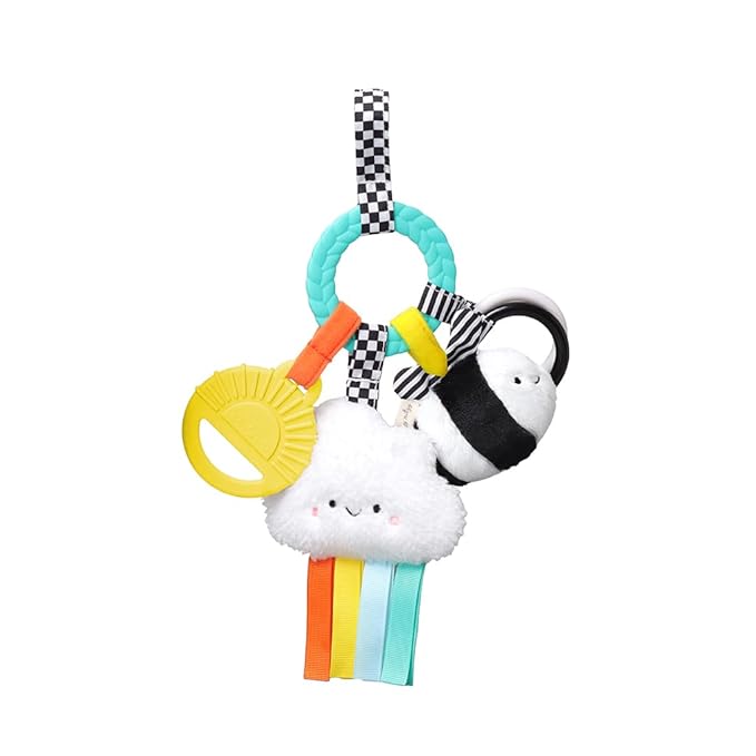 Itzy Ritzy Teething Activity Toy - Bitzy Busy Ring Infant Teething Toy Features Braided Ring & Dangling Toys, Includes Teether, Ribbons, Crinkle Sound & Jingle Bell - 0 Months & Up (High Contrast)
