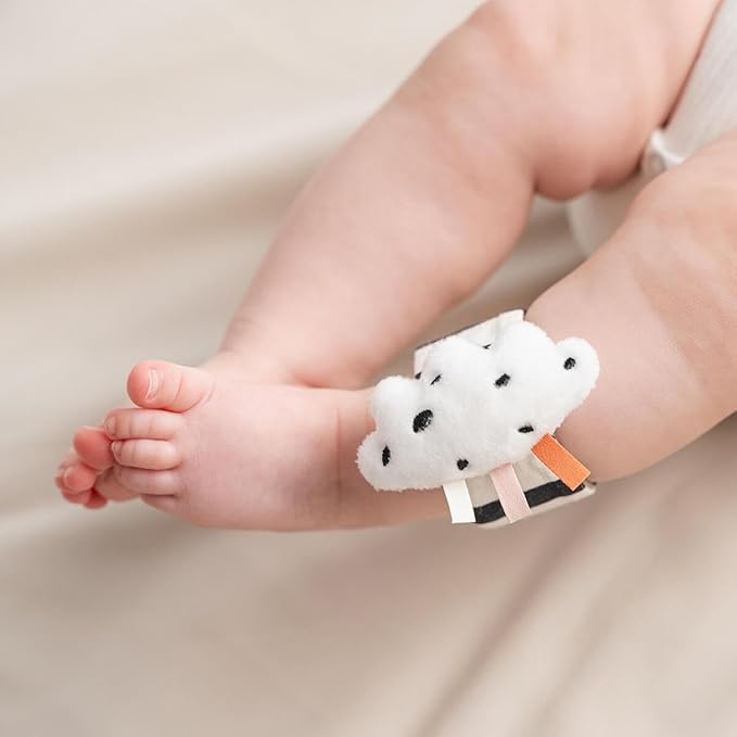 Done by Deer Wrist Rattle Set for Babies - 2-Pack Happy Clouds - Newborn Sensory Toy with Crinkle & Rattle Sound – Soft Baby Bracelet for Wrist or Ankle – Powder Pink – from 0 Months