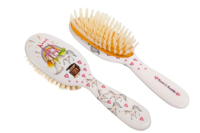 Rock & Ruddle Soft White Natural Boar Bristle Hairbrush for Babies and Young Children (Baby 6.9") - Perfect for Fine Hair Detangling and Smoothing - Designed & Made in UK - Unicorns Design