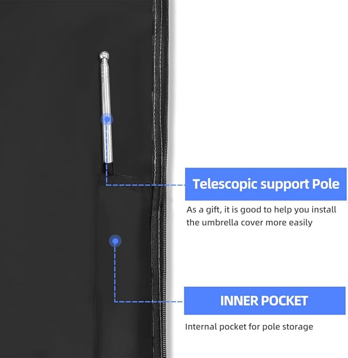 Patio Umbrella Parasol Cover - 600D Waterproof, Cantilever Offset Umbrella Cover with Sturdy Zipper, Anti-UV Outdoor Umbrella Cover Fits for 7.5-11.5 Feet（Black）