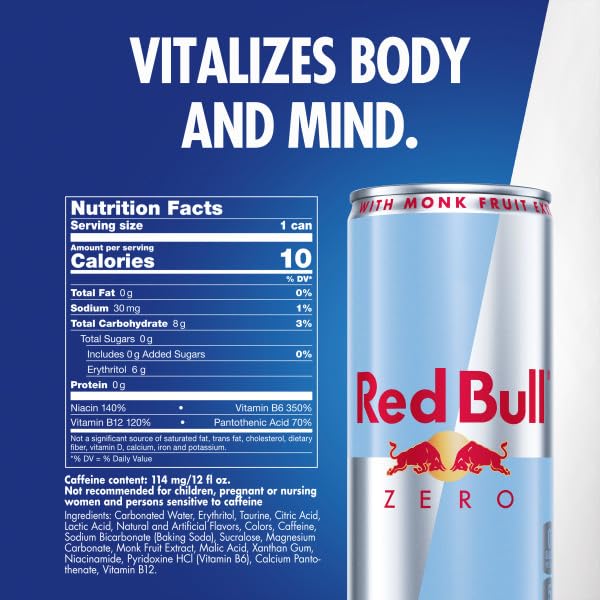 Red Bull Zero Energy Drink, 12 fl. oz., with 114mg Caffeine, Taurine & B Vitamins, 6 Packs of 4 Cans, Pack of 24