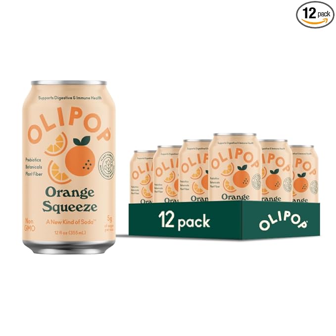 OLIPOP Prebiotic Soda Pop, Orange Squeeze, A New Kind of Soda Packed with Prebiotics, Fiber, and Botanicals, Gluten Free, Vegan, GMO Free, 12oz (12-Cans)