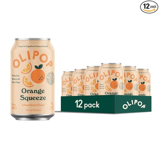 OLIPOP Prebiotic Soda Pop, Orange Squeeze, A New Kind of Soda Packed with Prebiotics, Fiber, and Botanicals, Gluten Free, Vegan, GMO Free, 12oz (12-Cans)