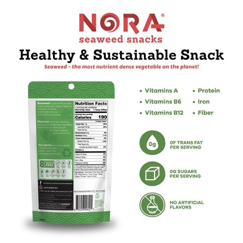 Original Crispy Seaweed Snacks by Nora, Low-Carb Healthy Snacks for Adults, Thick Nori Sheets Snack Strips, Asian Snacks, Vegan, Gluten-Free, Non-GMO, 6-Pack