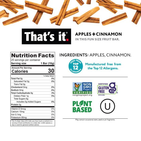 That’s it. Fun Size Fruit Bars Variety Pack - Apple + Cherry & Apple + Cinnamon (50 Pieces, 10g Each), Non-GMO, Kosher, Gluten Free, Breakfast Snacks, Allergy Friendly