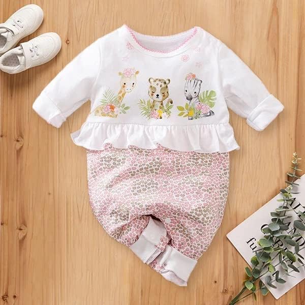 Cute Giraffe + Zebra With Floral Print Long Sleeve Baby Girl Clothes White Jumpsuit For Baby One-Piece Romper