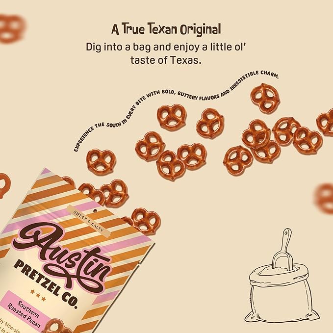 Southern Roasted Pecan Pretzels – 4 Oz Gourmet Snack, Crunchy Bite-Sized with Rich Butter Toffee Coating – A Taste of Texas in Every Bite Austin Pretzel (Pack of 4)