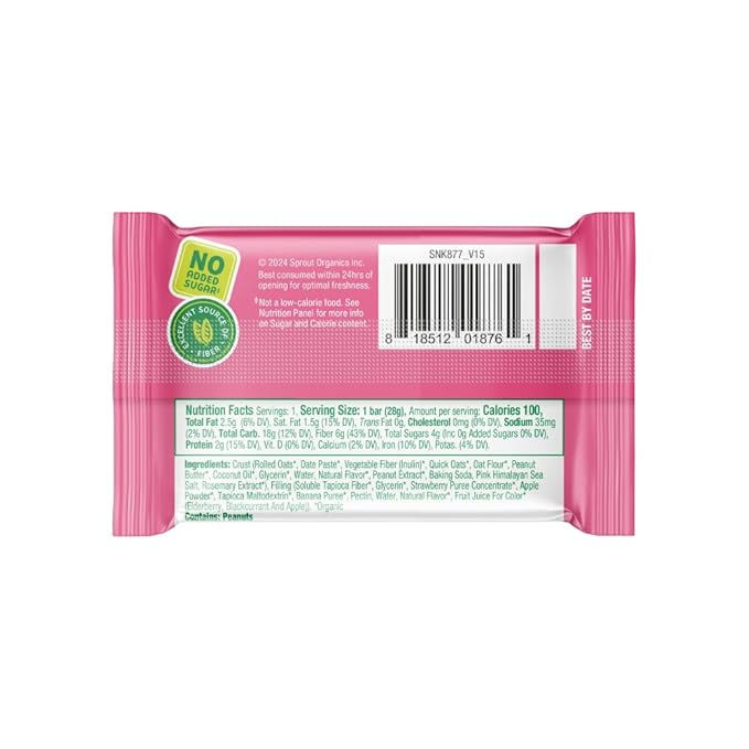 Sprout Organics, PB & Yayz Toddler Snack Bars, Peanut Butter & Strawberry, 5 Individual Bars 1.02 oz Each (6-boxes)