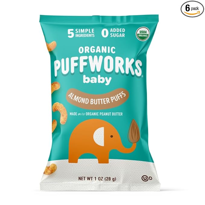 Puffworks Baby Organic Almond Butter Puffs, with Peanut Butter, Plant Protein, USDA Organic, Gluten-Free, Vegan, Non-GMO, Kosher, 1.0 Ounce (Pack of 6)