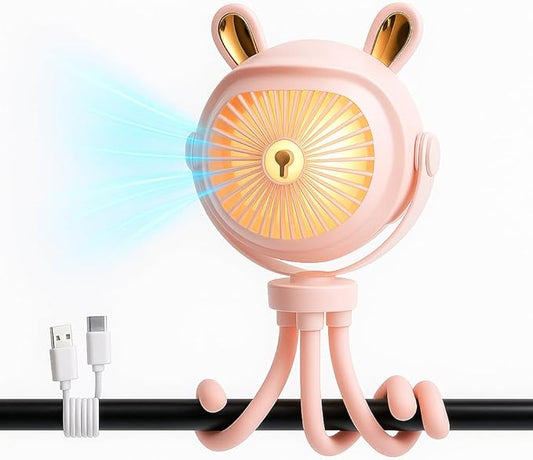 Stroller Fan for Baby with LED Light – Portable Clip-On Fan with Flexible Tripod Legs, USB Rechargeable, 3 Speeds, 120 Minutes Battery Life, Quiet Cooling for Travel, Nursery & Car Seat
