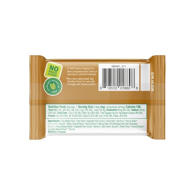 Sprout Organics, PB & Yayz Toddler Snack Bars, Peanut Butter & Banana, 5 Individual Bars 1.02 oz Each (6-boxes)