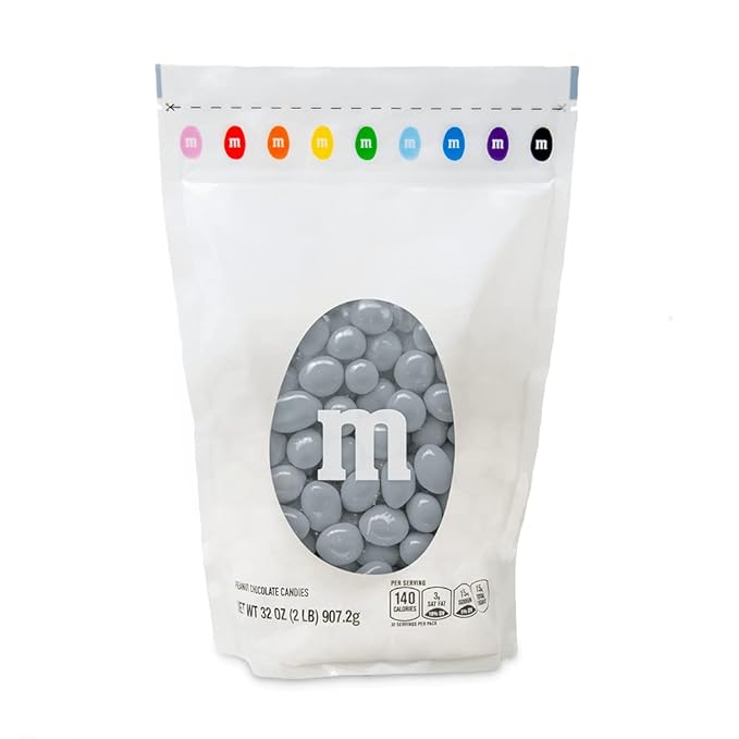 M&M’S Peanut Silver Chocolate Candy - 2lbs of Bulk Candy in Resealable Pack for Candy Buffet, Birthday Parties, Theme Meetings, Candy Bar, Sweet Stuff for DIY Party Favors or Edible Decoration