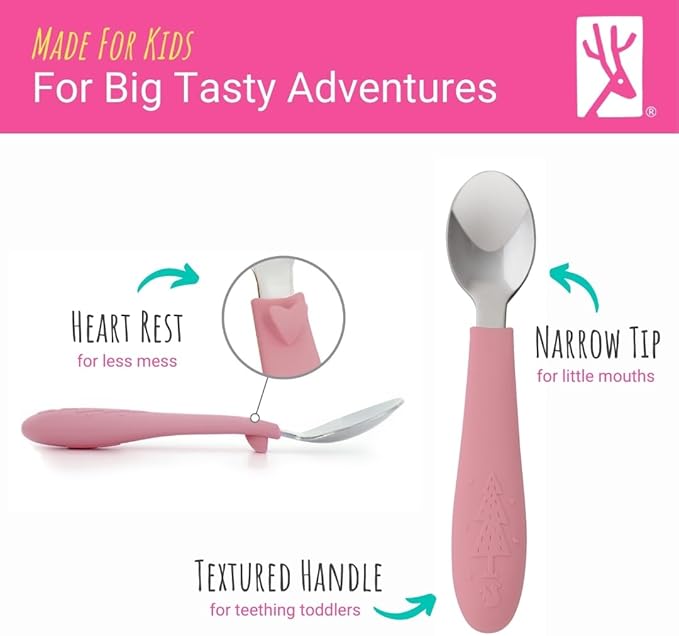 Elk and Friends Kids Silverware with Silicone Handle | Childrens Safe Flatware | Toddler Utensils | Baby Spoons + Forks | Stainless Steel Cutlery