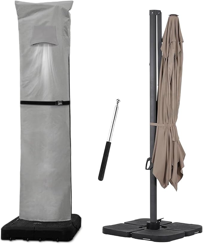 Patio Umbrella Parasol Cover with Air Vent,600D Waterproof Cantilever Umbrella Covers,Anti-UV Umbrella Covers with Telescopic Support Pole (3-Grey, Cantilever 9'-13')