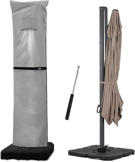 Patio Umbrella Parasol Cover with Air Vent,600D Waterproof Cantilever Umbrella Covers,Anti-UV Umbrella Covers with Telescopic Support Pole (3-Grey, Cantilever 9'-13')
