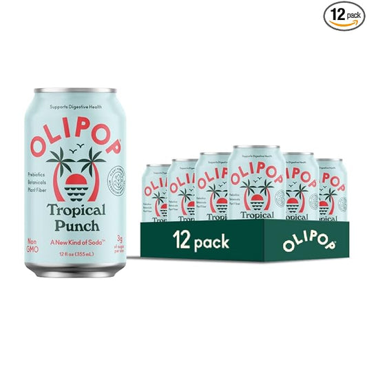 OLIPOP Prebiotic Soda Pop, Tropical Punch, A New Kind of Soda Packed with Prebiotics, Fiber, and Botanicals, Gluten Free, Vegan, GMO Free, 12oz (12-Cans)