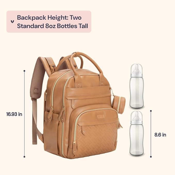BabbleRoo Leather Diaper Bag Backpack - Baby Essentials Travel Baby Bag, Multi function, Water Resistant, with Changing Pad, Stroller Straps & Pacifier Case – Unisex, Light Brown