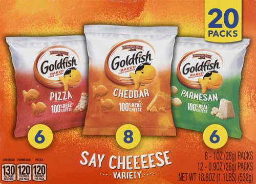 Goldfish Crackers Say Cheeeese Variety Pack with Cheddar, Pizza and Parmesan, Snack Packs, 20 Ct (Pack of 2)