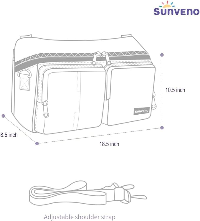SUNVENO Universal Stroller Organizer Caddy, 2 Cup Holders, Multiple Pockets & Shoulder Strap — Fits Most Strollers