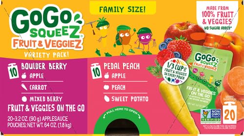GoGo squeeZ Fruit & veggieZ Applesauce and Puree Variety Pack, Pedal Peach and Boulder Berry, 3.2 oz (Pack of 20), Unsweetened Snacks for Kids, BPA Free Pouches