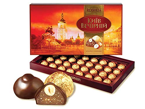 Roshen Kiev Vecherniy Chocolate Candy with Chopped and Hazelnuts Coating, Premium Gift Box 12.42oz/352 grams