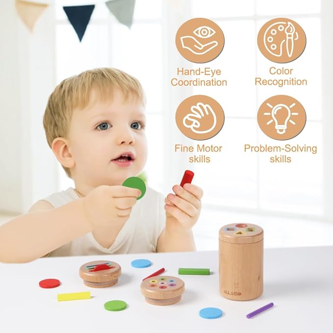 ALLABC 3-in-1 Montessori Color Sorting Toys for 1 2 3 Year Old, Preschool Learning Activities, Wooden Educational Sensory Toys for Toddlers 1-3, Montessori Fine Motor Skills Toy for Age 18 Month Old