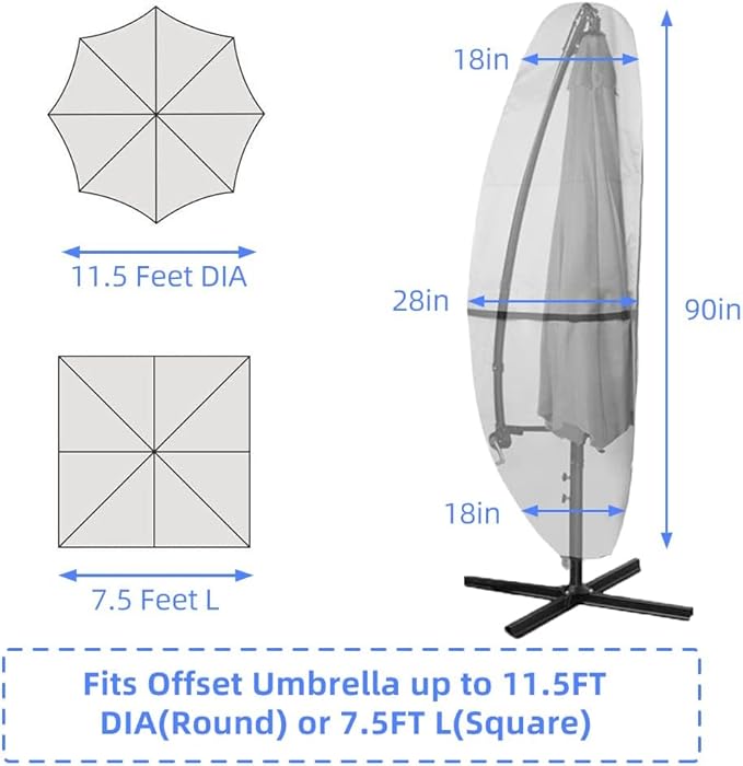 Patio Parasol Cover - 600D Waterproof, Anti-UV Fits 7.5-11.5 Feet Offset Umbrella, Gray