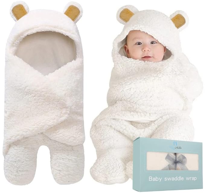 BlueMello Baby Bear Swaddle Blanket | Ultra-Soft Plush Essential for Infant 0-6 Months | Receiving Swaddling Wrap White | Ideal Newborn Registry and Toddler Accessories | Perfect Baby Boy Shower Gift