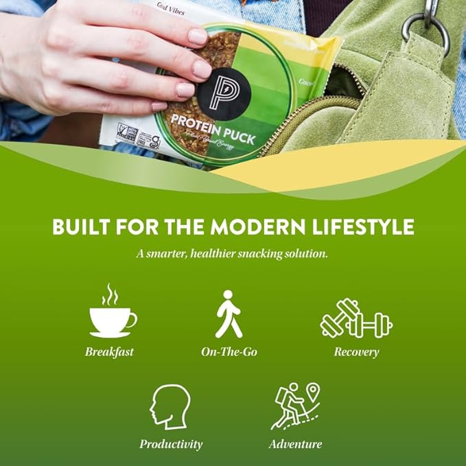 Protein Puck Vegan Plant based Protein Bar – Natural Healthy Snack Bars, 12 Count, 1.34oz Mini, Gluten Free, Dairy Free, No GMO, Kosher – Good Vibes - Coconut, Almonds, Dates, Sport Nutrition