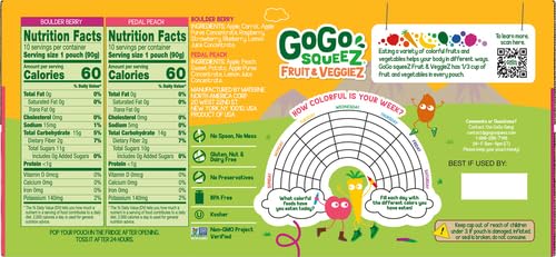 GoGo squeeZ Fruit & veggieZ Applesauce and Puree Variety Pack, Pedal Peach and Boulder Berry, 3.2 oz (Pack of 20), Unsweetened Snacks for Kids, BPA Free Pouches