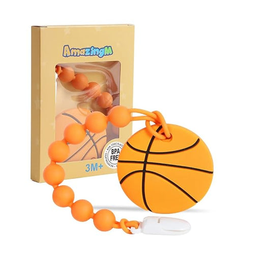 Baby Food Grade Silicone Sport Ball Teether Toy with Pacifier Clip Holder,Teething Toys Gift Set for 3 Months+ Boys and Girls,Freezer Safe,BPA Free. (Basketball)