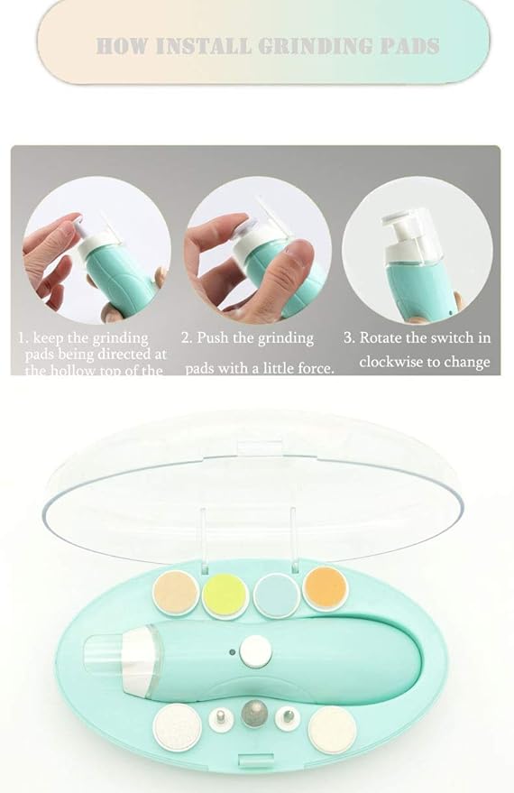 Rechargeable Baby Nail File, Fansidi Electric Baby Nail Trimmer for Newborn Infant or Toddler Toenail and Fingernail - Girls and Boys Accessory - Extra Replacement Pads Included (Blue)