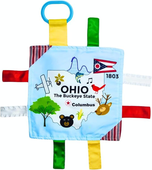 Baby Jack & Co 8x8” Learning Lovey Ohio State Tag Stroller Toy for Babies - Crinkle Toys for Developing Five Senses - Learn About Capitals - Travel with Baby Jack - BPA Free Clip