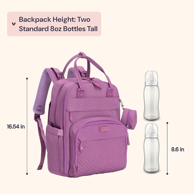 BabbleRoo Diaper Bag Backpack - Baby Essentials Travel Tote - Multi Function Water Resistant Diaper Bag, Travel Essentials Baby Bag with Changing Pad, Stroller Straps & Pacifier Case - Unisex, Purple