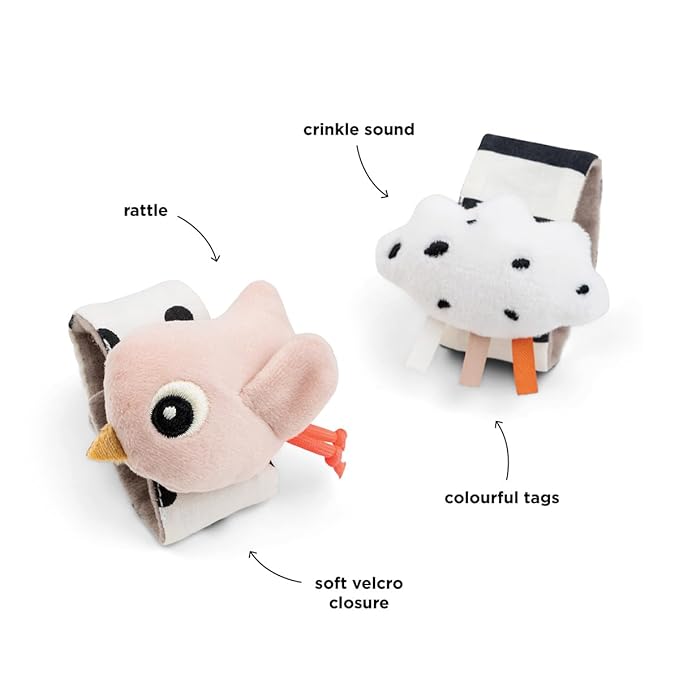 Done by Deer Wrist Rattle Set for Babies - 2-Pack Happy Clouds - Newborn Sensory Toy with Crinkle & Rattle Sound – Soft Baby Bracelet for Wrist or Ankle – Powder Pink – from 0 Months