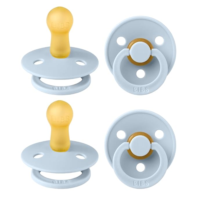 BIBS Colour Pacifier 4-Pack, BPA Free Dummy Pacifier, Round Nipple. Natural Rubber Latex, Made in Denmark, Size 2 (6-18 Months), Baby Blue