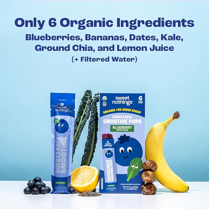 Sweet Nothings, Blueberry, USDA Organic Kids' Squeezable Super Fruit Smoothie Freezie Pops, Value Pack of 24 - Dye-Free, No Added Sugar, Dairy-Free, Vegan, Healthy Organic Fruit and Veggie Pops, Freeze & Enjoy