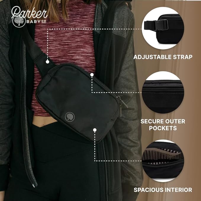 Parker Baby Diaper Belt Bag - Portable Fanny Pack Diaper Bag, Crossbody Bag for Moms - "Birch Belt Bag" - Black