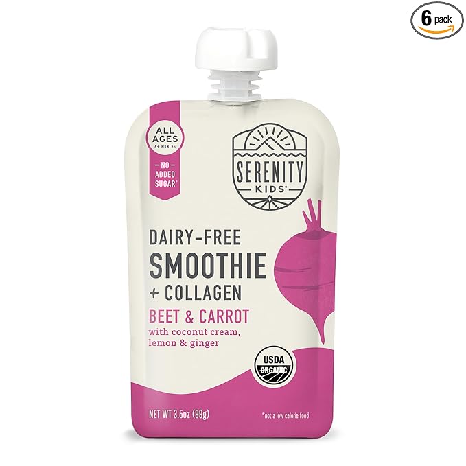 Serenity Kids 6+ Months Dairy-Free Baby Protein Smoothie Pouch - BPA-Free & USDA Organic Beet & Carrot - Grass Fed Collagen Protein & Organic Collagen - 3.5 Oz, 6 Pack