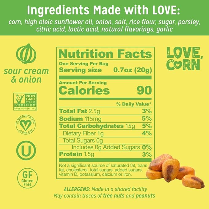 LOVE CORN Sour Cream & Onion 0.7oz x 20 Bags - Delicious Crunchy Corn - Healthy Family Snacks - Gluten Free, Kosher, NON-GMO - Alternative for Chips, Nuts, Crackers & Pretzels - Perfect for Charcuterie Boards