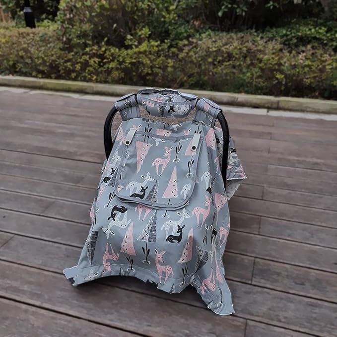 ICOPUCA Car Seat Covers for Babies Unisex Newborn, Carseat Cover Girls/boy with Handle Cushion, Suit Spring Autumn Winter, Deer, Cotton & White Minky;