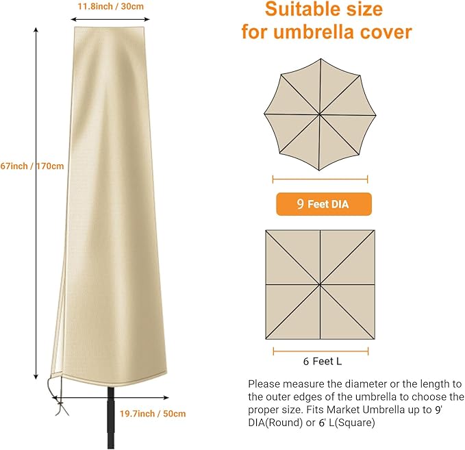 OKPOW Umbrella Covers for Outdoor Umbrellas - Small Patio Umbrella Cover for 6 ft to 9 ft Outdoor Table Umbrella - Waterproof Windproof Anti-UV Garden Parasol Covers, Khaki