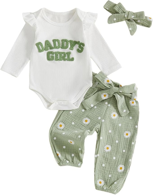 Tsnbre Newborn Baby Girl Outfits Daddys Girls Ruffle Long Sleeve Romper Top Pants Headband Infant Fall Winter Clothes