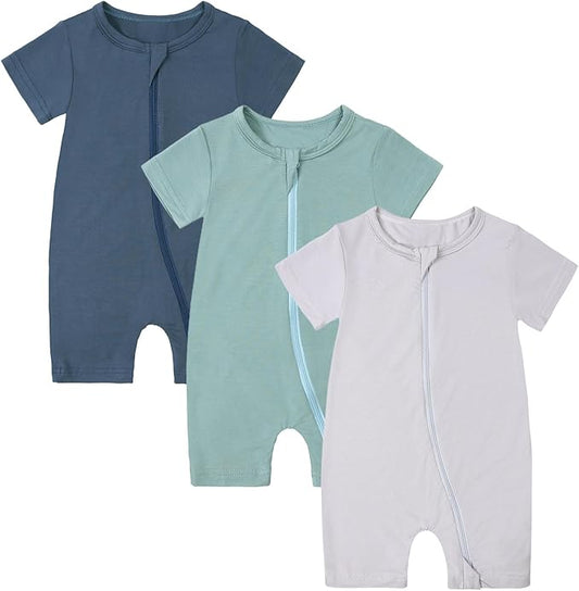 OPAWO Bamboo Baby Pajamas 3 Pack, Double Zipper Bamboo Sleepers for Baby Boy Girl Romper, Toddler Summer Clothes Outfit 0-24M