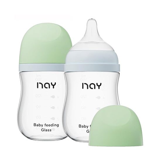 Natural Glass Baby Bottle Wide Neck, Anti-Colic Baby Bottle, Clear, 5.4oz(Pack of 2), Includes 2Pcs Natural Response Nipple(S), 1 Months+
