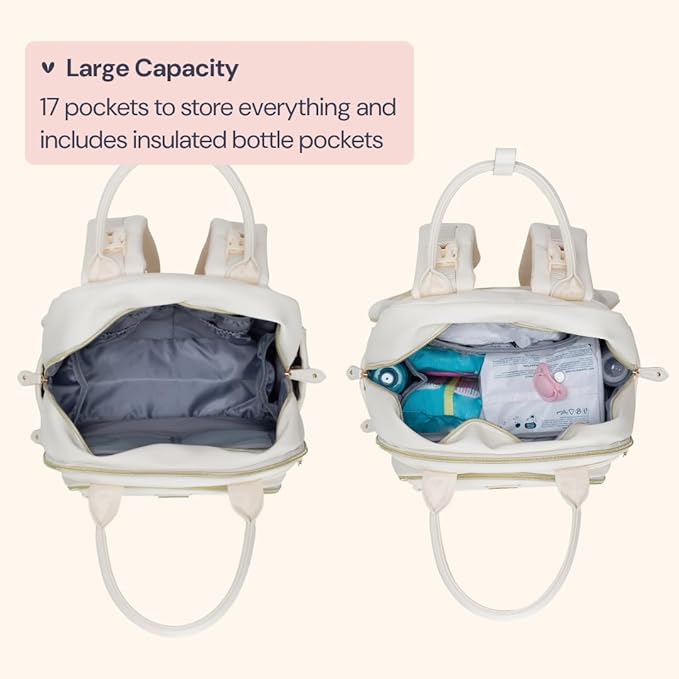 BabbleRoo Leather Diaper Bag Backpack - Baby Essentials Travel Baby Bag, Multi function, Water Resistant, with Changing Pad, Stroller Straps & Pacifier Case – Unisex, Eggshell White