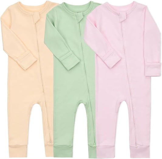 Aablexema Baby Cotton Fooltess Pajamas with Mitten, 3-pack Infant Romper Zip Up One Piece Jumpsuits Outfit