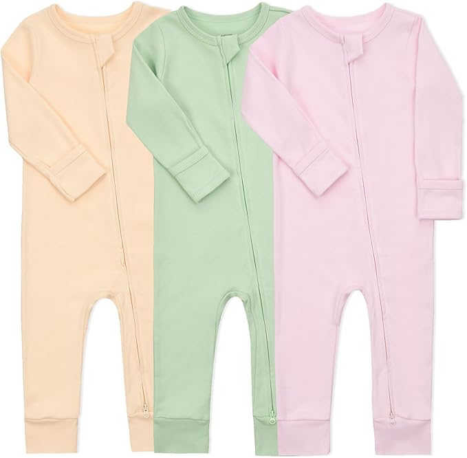Aablexema Baby Cotton Fooltess Pajamas with Mitten, 3-pack Infant Romper Zip Up One Piece Jumpsuits Outfit