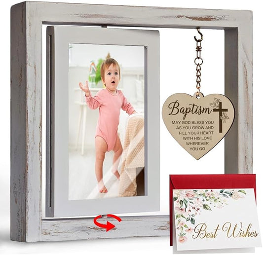 Rotating Floating Baby Blessings Baptism Picture Frame Gifts for Baby Girl Boy, Baby Baptism Christening Religious Frame Gift from Godparents Friends, Baby Shower Frame Gifts for New Baby with Card