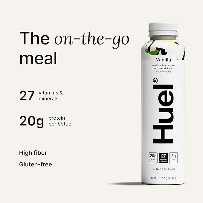 Huel Ready-to-Drink | Vanilla Meal Replacement Drink | High Protein Drink | Nutritionally Complete, Low Sugar, High Fiber, Plant Based, Vegan, Healthy | 20g Protein Per Bottle, 16.9 Fl Oz (12 Pack)